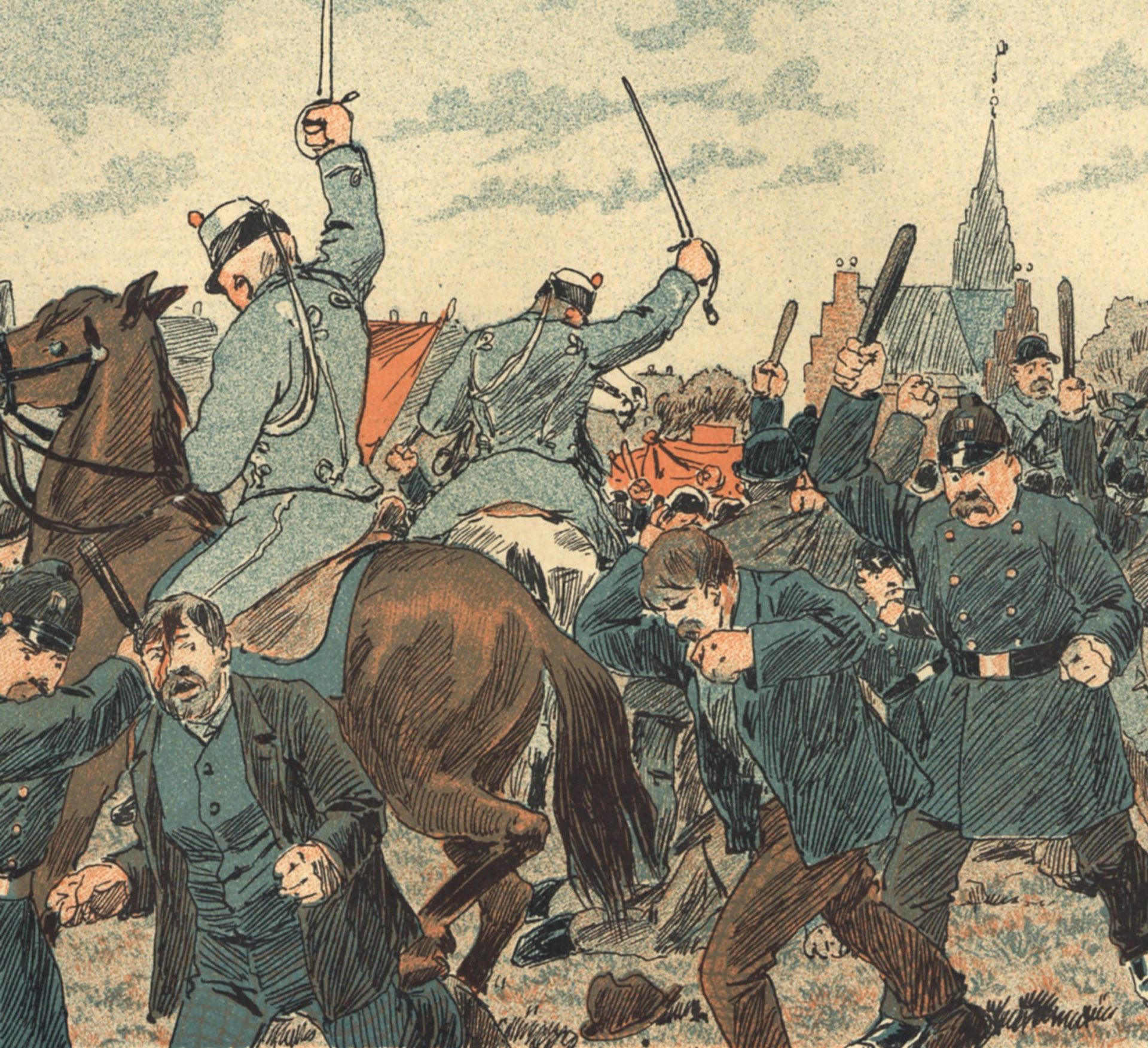 Tegning, hvor to politimænd på heste har hævet deres sabler og rider i en menneskemængde. Der er også politi med knibler, der går med anholdte personer. Illustrationen er en fremstilling af begivenheden "Slaget på Fælleden", bragt i det socialdemokratiske tidsskrift "Ravnen" i 1889.